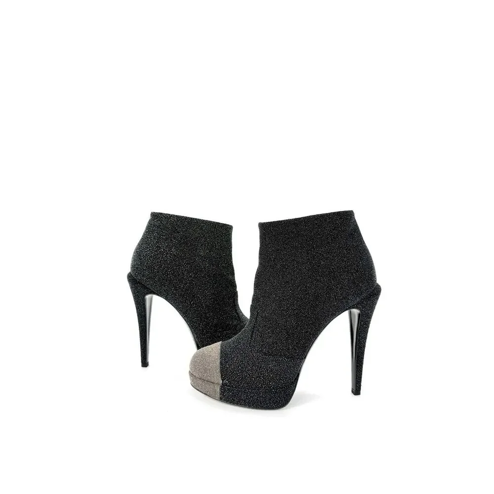 Chanel Bootie EU 40 US 10 Black Gray Leather Sparkle Platform Ankle Boots